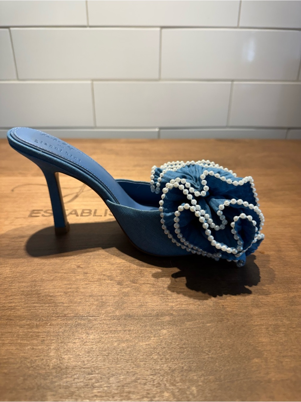 Gianni Bini Blue Pearl-Trim Ruffle Slide Heels - Picture 2 of 6